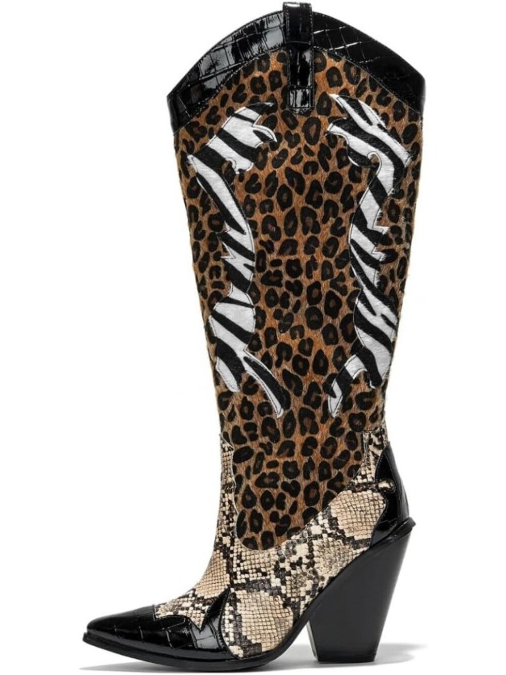 Women's Black Polyurethane Animal Print Pull-On Pointed Toe Over The Knee Boots